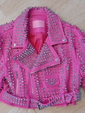 AZALEA WANG ALL PINK STUDDED MOTO JACKET